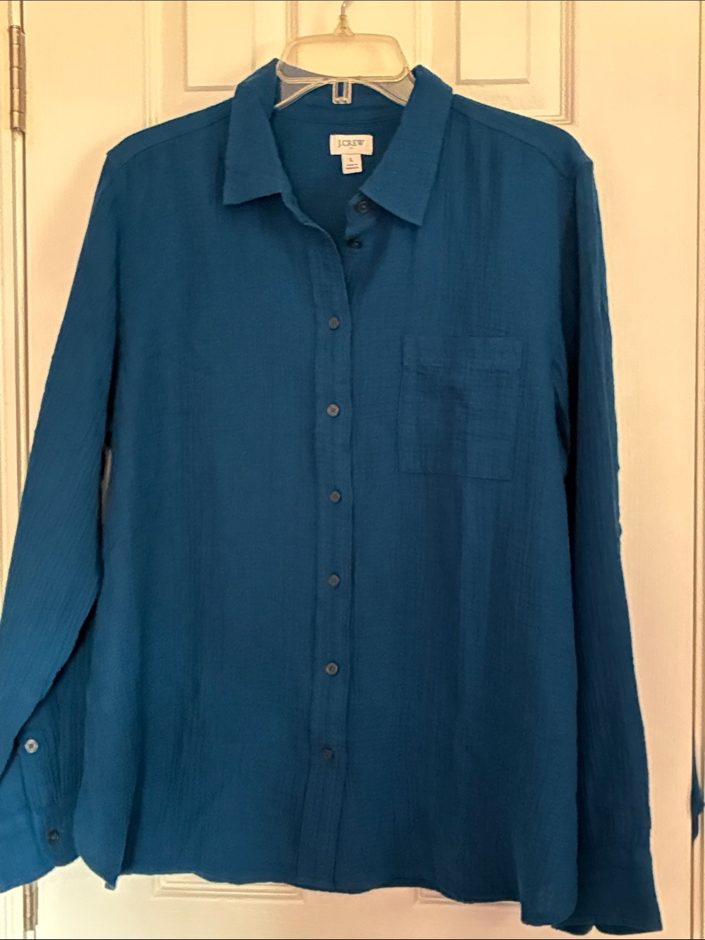 J. Crew Women’s Dark Teal Button-Down Long Sleeve Puffy Cotton Shirt - Size LG